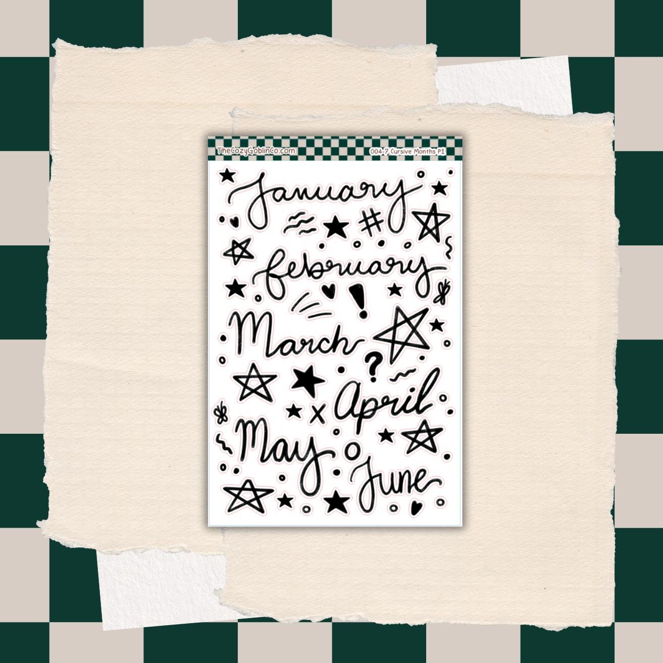 Cursive Monthly Stickers | Hand-Drawn Journal Planner Accents