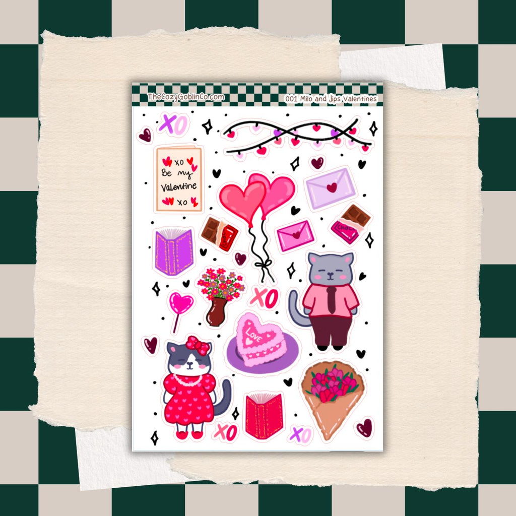 Milo & Jips Valentine Cat Stickers | Hand Drawn Planner Journal Art Sheet