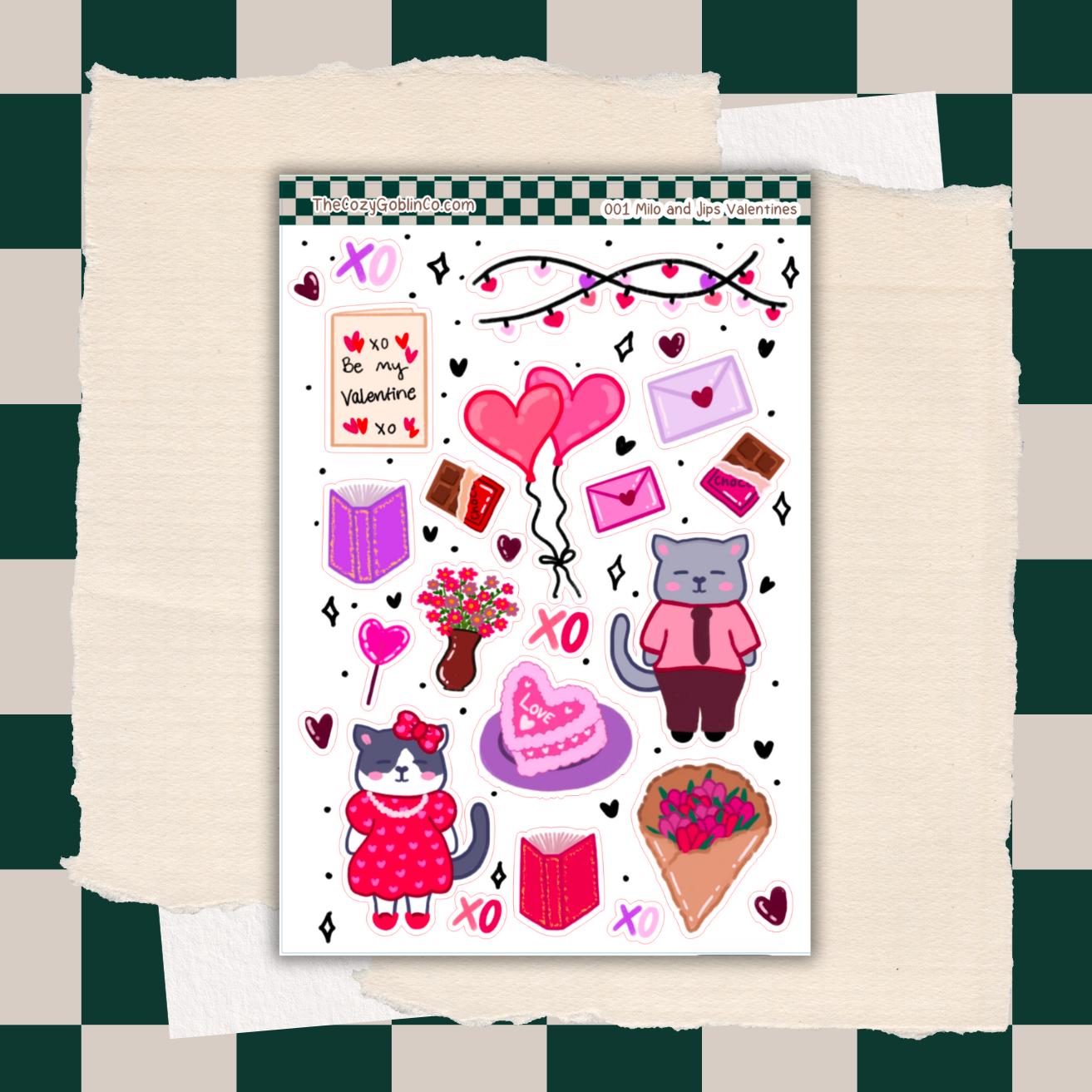 Milo & Jips Valentine Cat Stickers | Hand Drawn Planner Journal Art Sheet