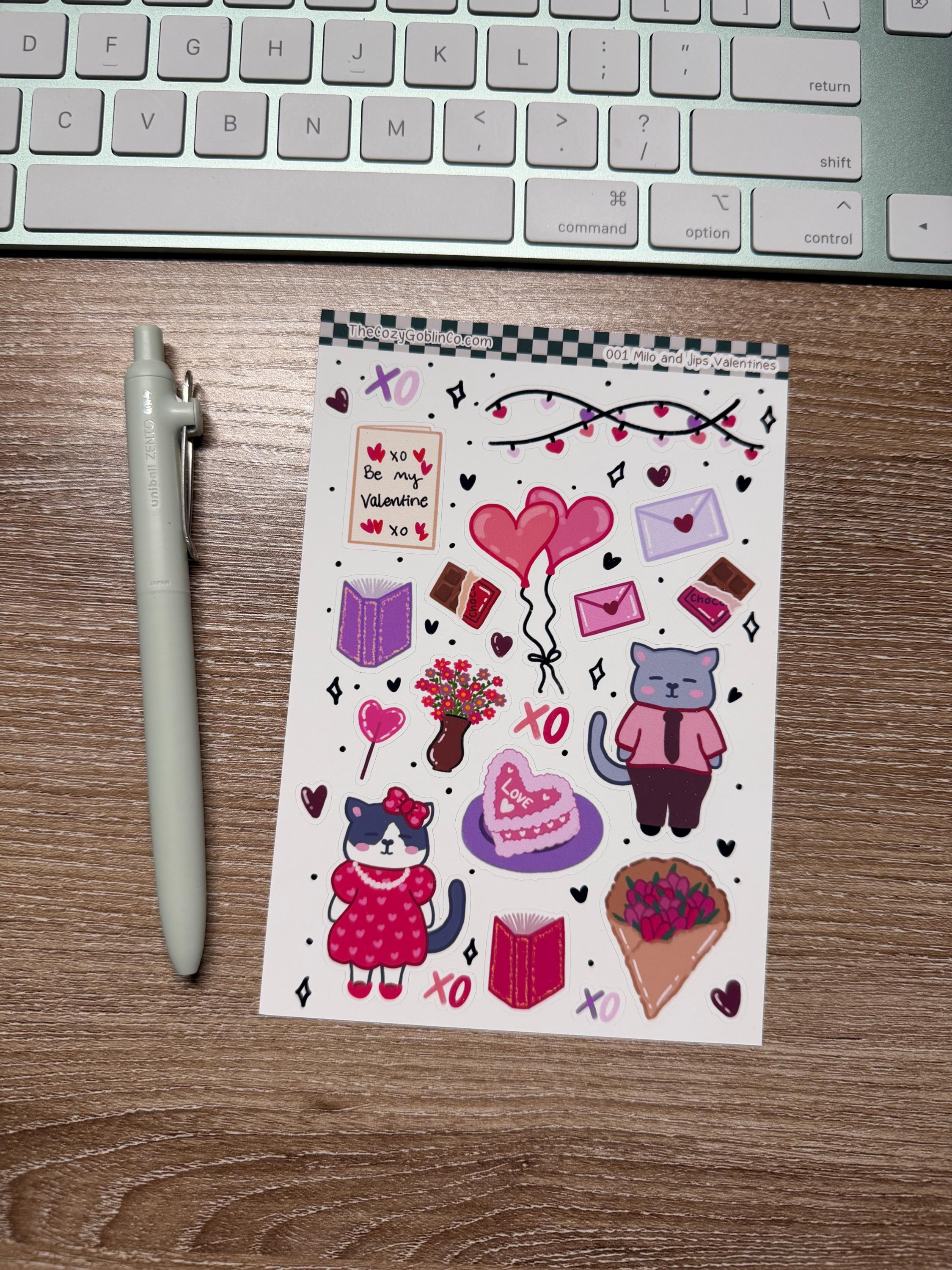 Milo & Jips Valentine Cat Stickers | Hand Drawn Planner Journal Art Sheet