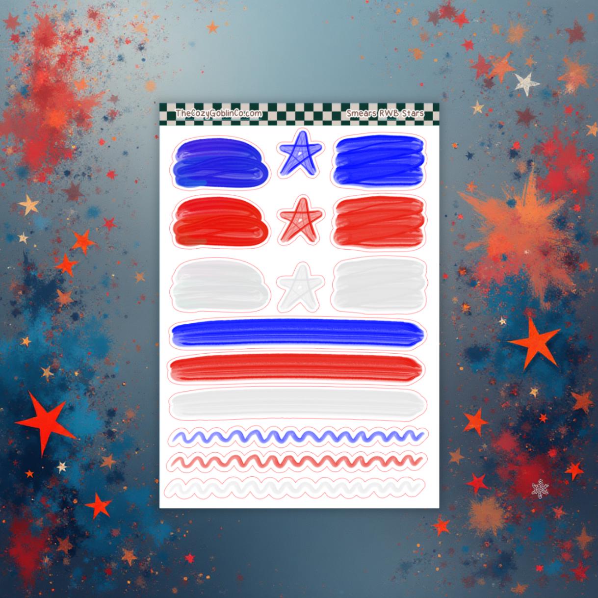 Red White Blue Star Smears Journal Stickers | Planner Stickers