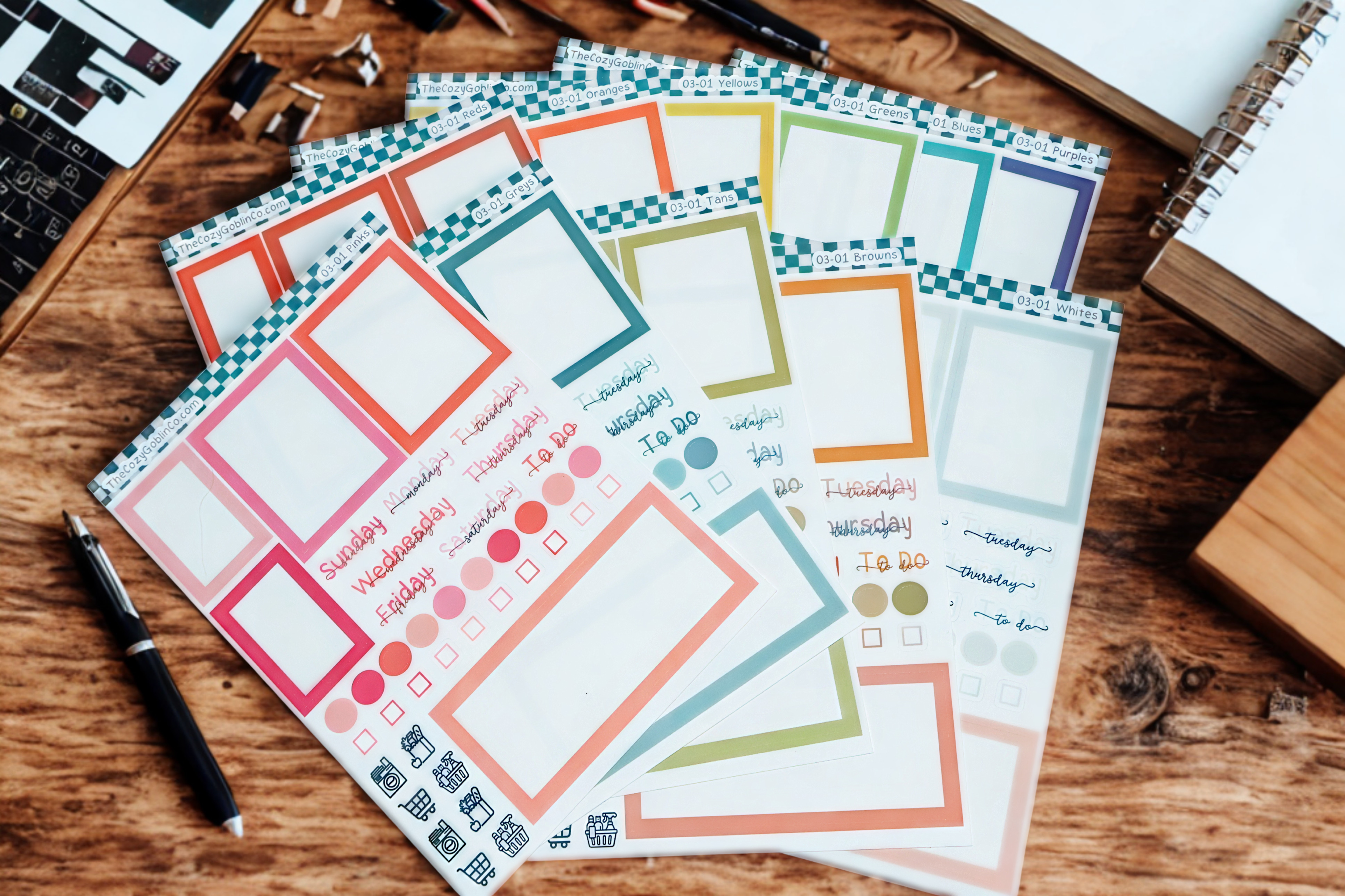 Essential Setup Sheet with colorful functional planner stickers, boxes, checklists, weekdays, icons, and coordinating color options.