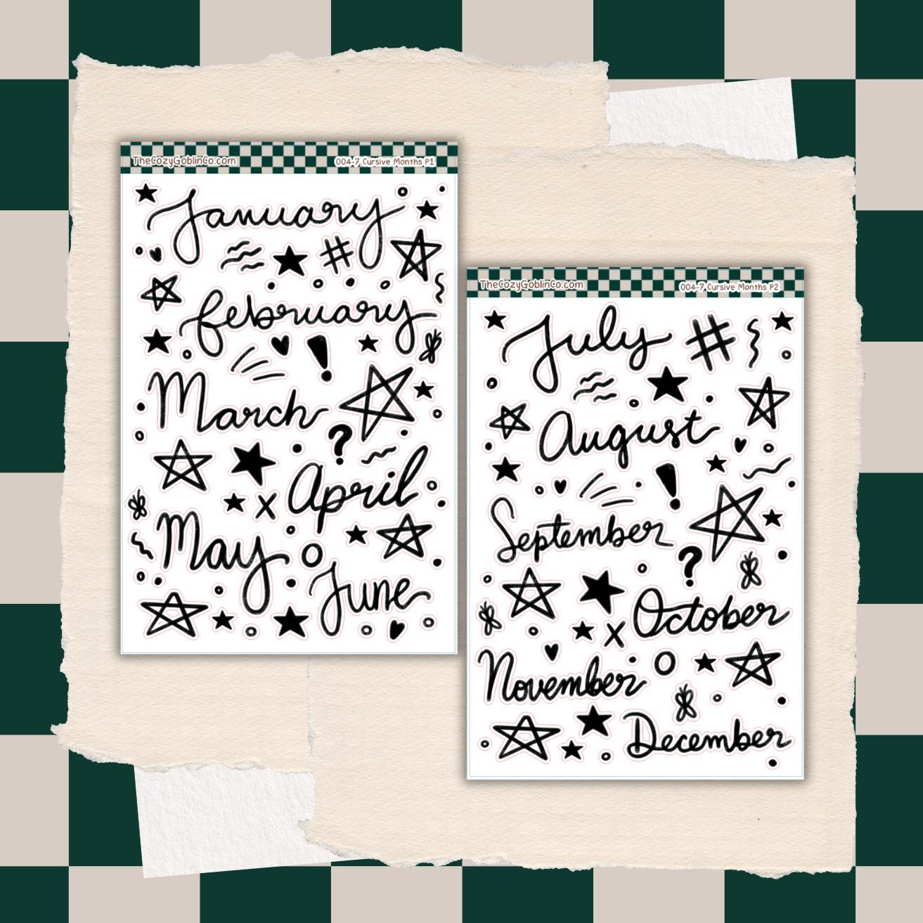 Cursive Monthly Stickers | Hand-Drawn Journal Planner Accents