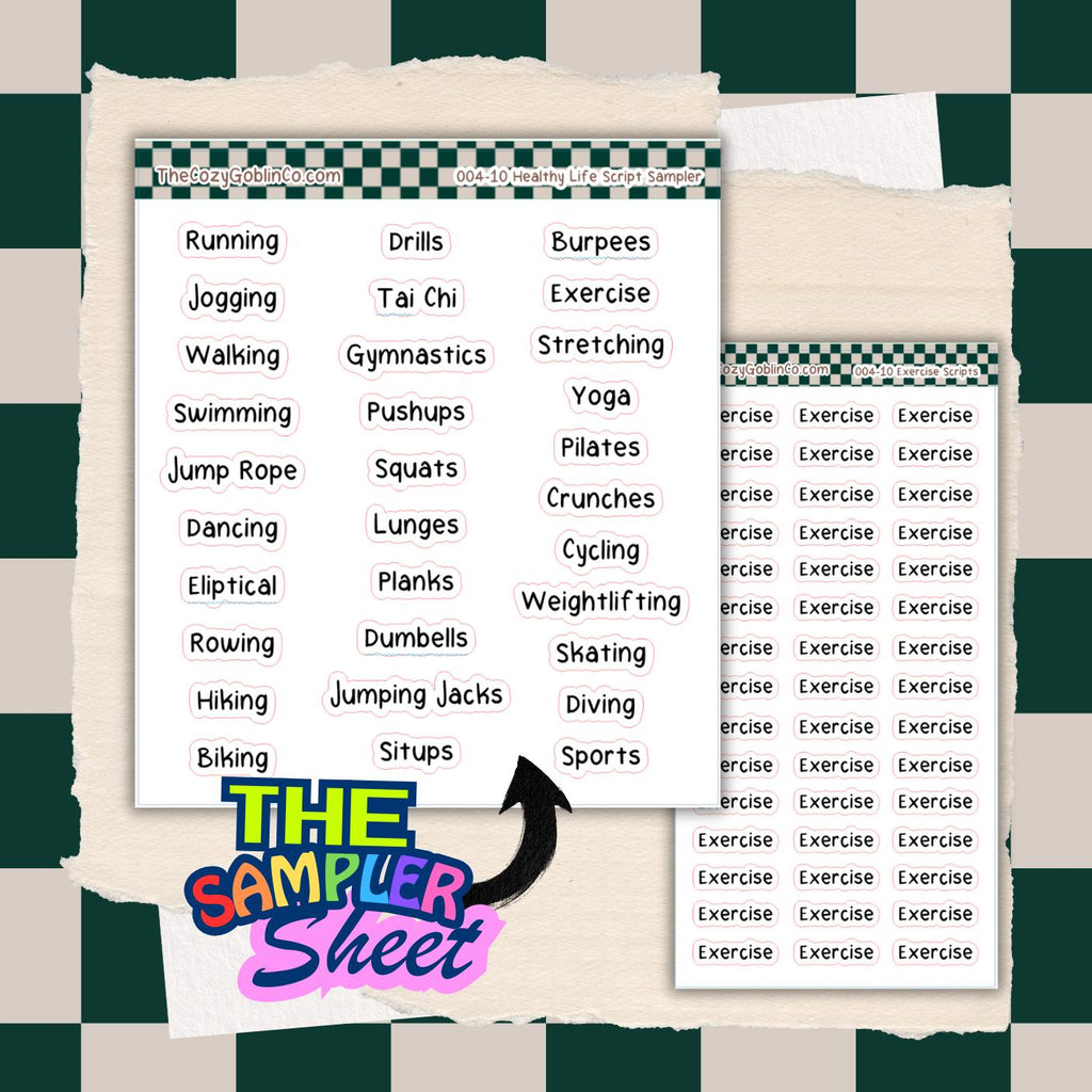 Healthy Living Exercise Scripts (with sampler sheet option) Journal Stickers | Planner Stickers